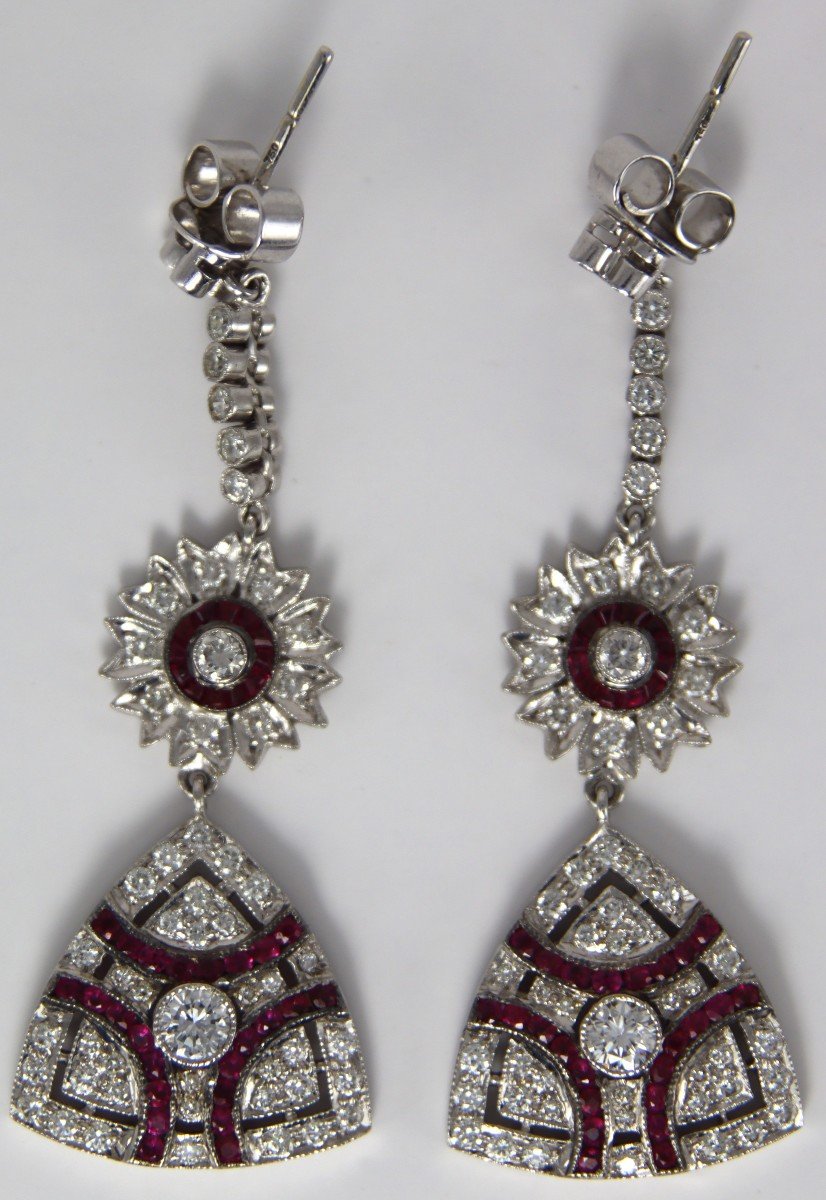 Pair Of 75mm White Gold Earrings Set With Diamonds And Rubies, 20th Century
