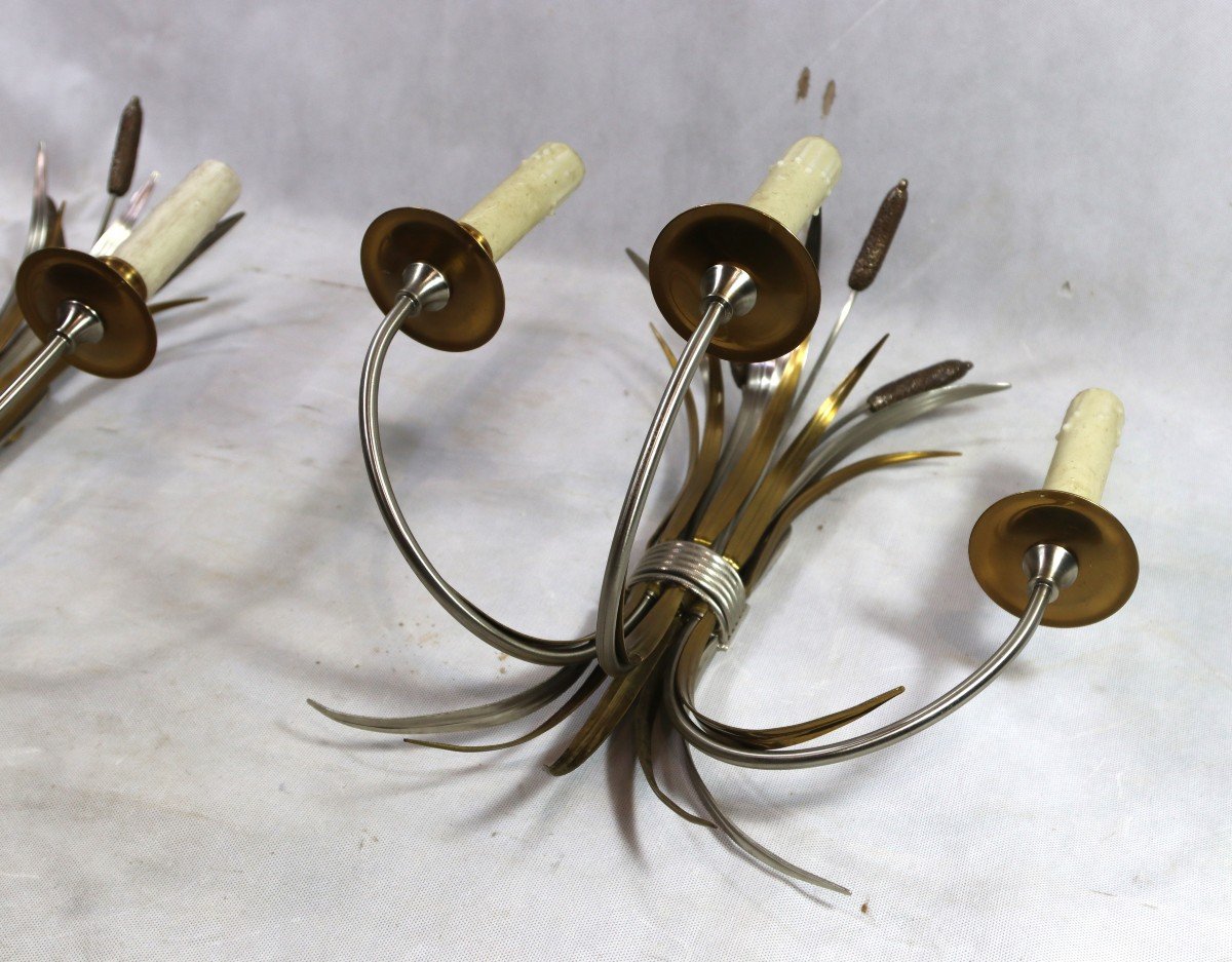 Maison Charles, Pair Of Reed Sconces, Signed, 20th-photo-4