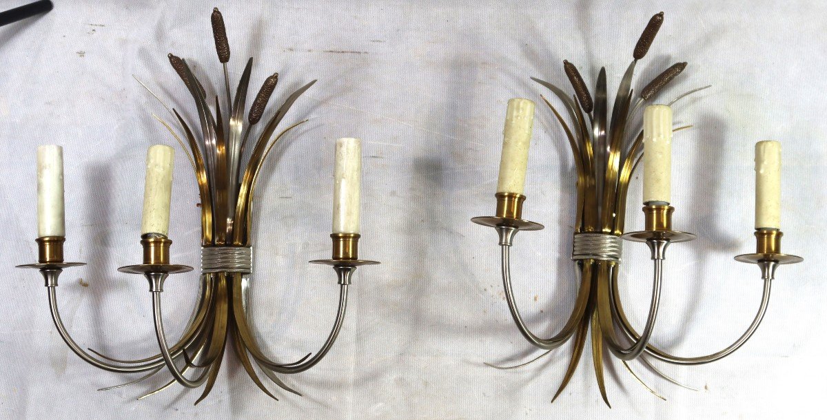 Maison Charles, Pair Of Reed Sconces, Signed, 20th