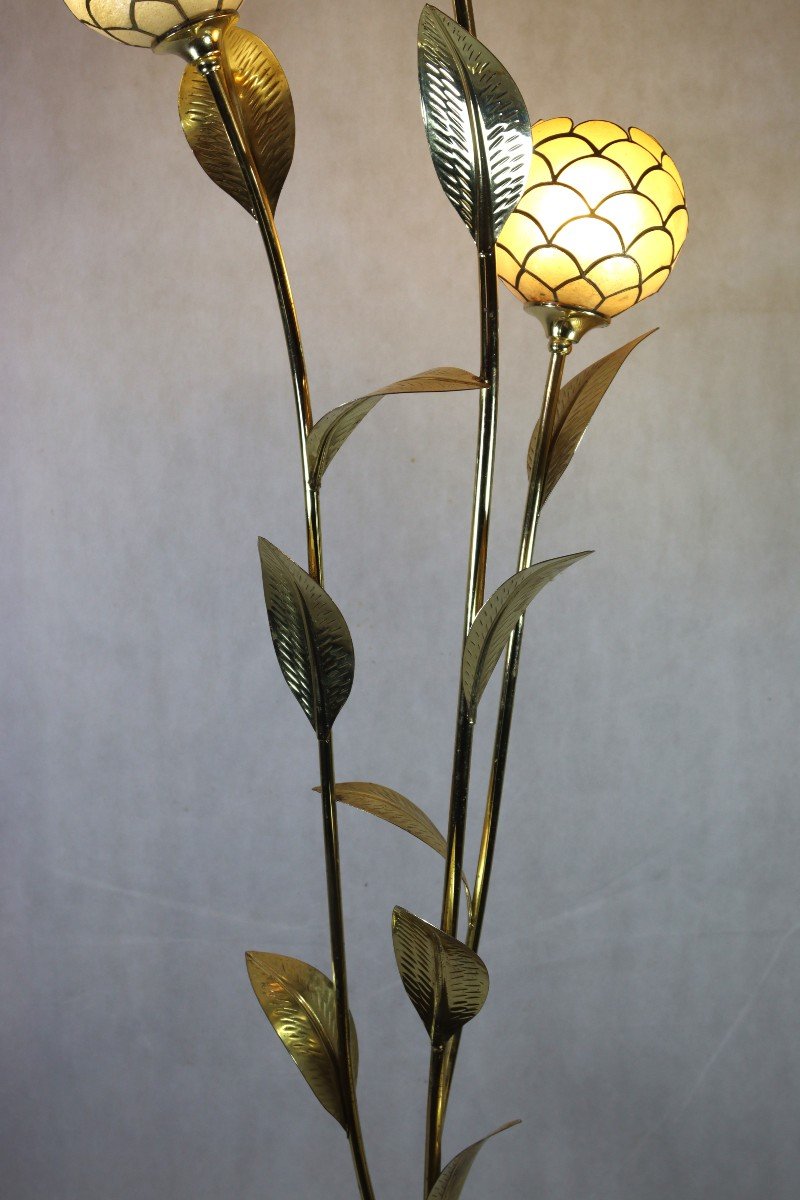 Lampadaire En Laiton Et Nacre De Capiz, Année 1970-photo-3