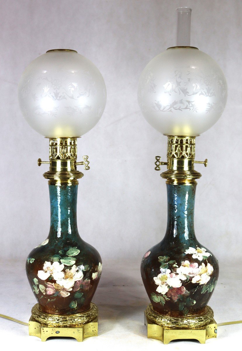 Dominique Grenet (1821-1885), Pair Of Impressionist Barbotine Lamps, 19th Century