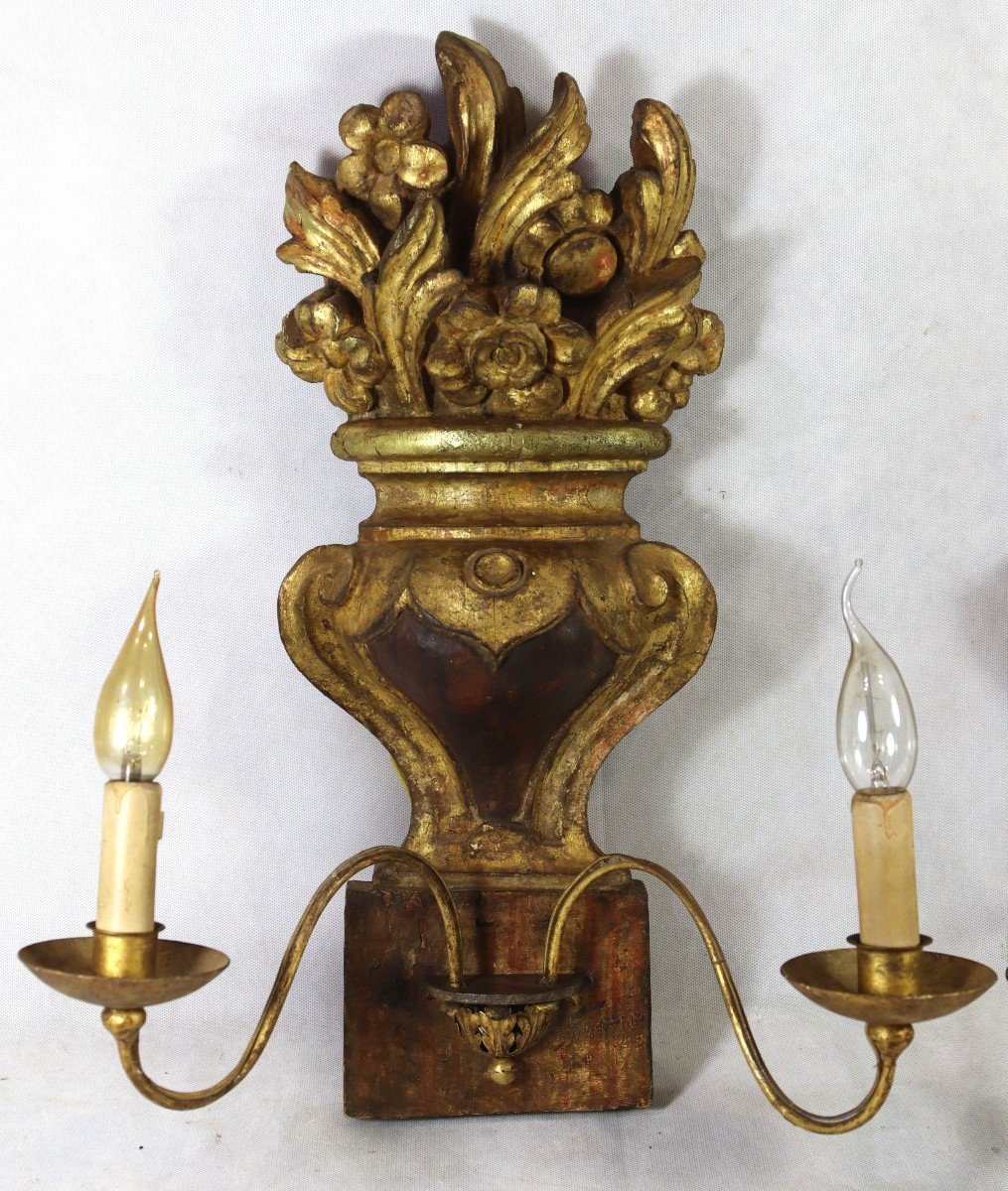 Large Pair Of Gilded Wood Wall Lights, Early 19th Century-photo-2