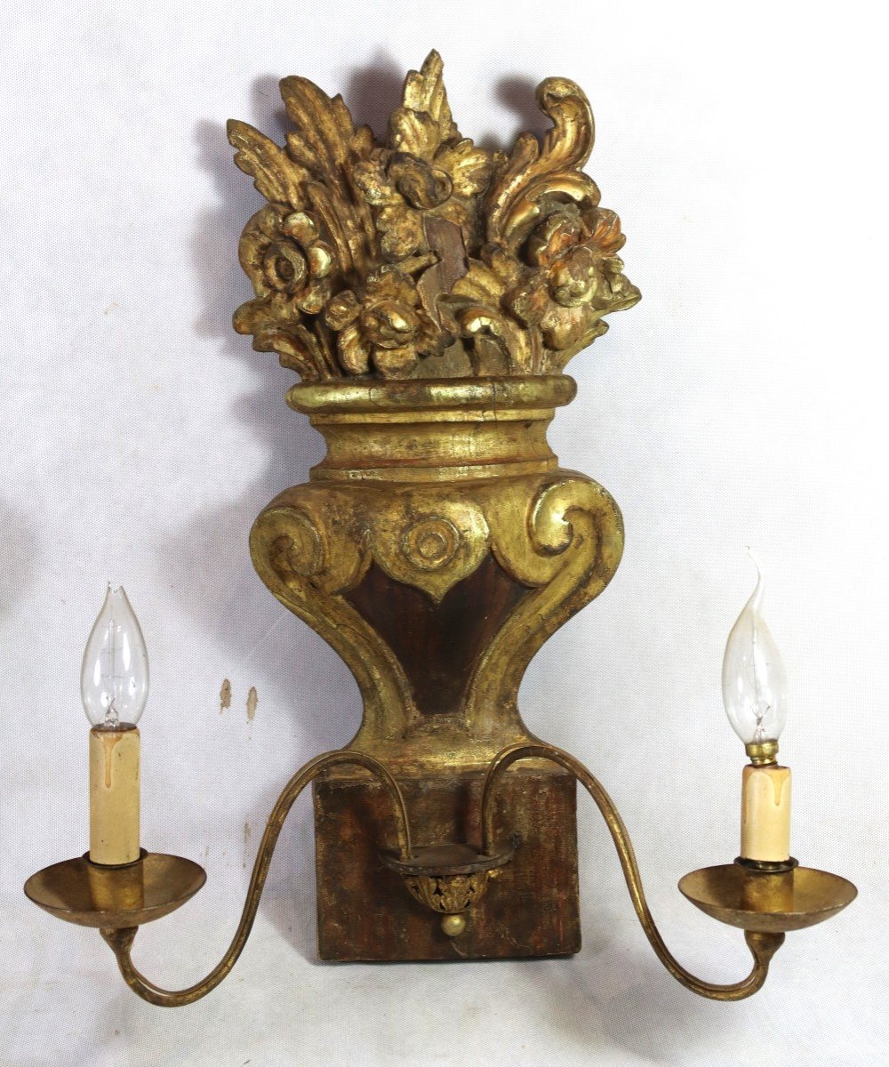 Large Pair Of Gilded Wood Wall Lights, Early 19th Century-photo-3