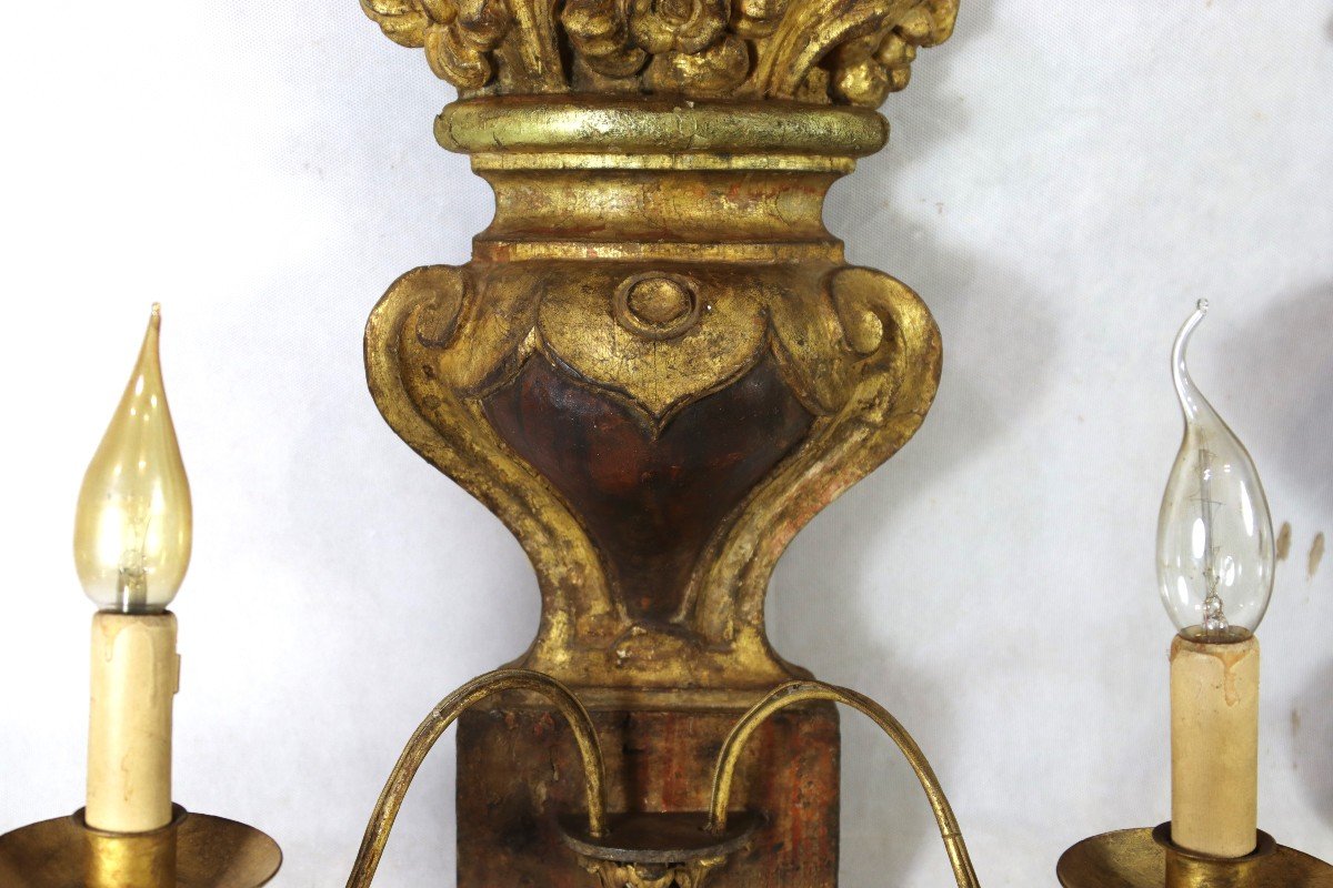 Large Pair Of Gilded Wood Wall Lights, Early 19th Century-photo-2