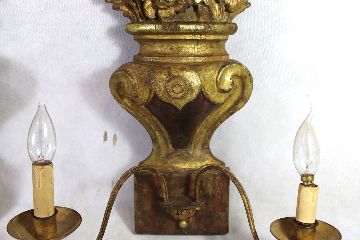 Large Pair Of Gilded Wood Wall Lights, Early 19th Century-photo-4