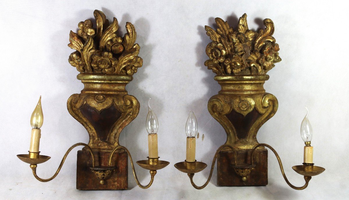 Large Pair Of Gilded Wood Wall Lights, Early 19th Century