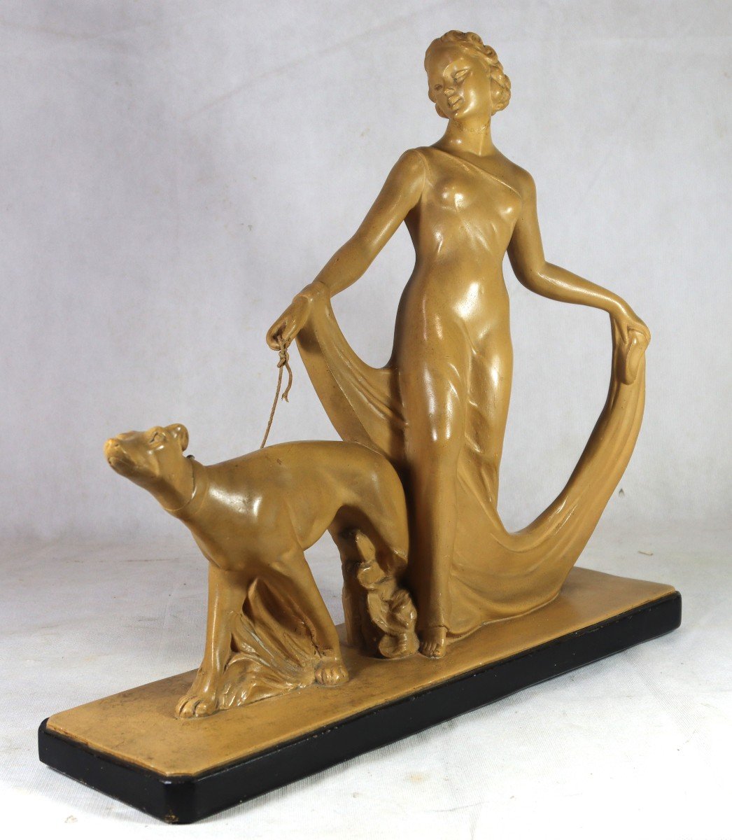 Salvatore Melani (1902-1934) Sculpture "woman And Her Greyhound", 20th Century-photo-2