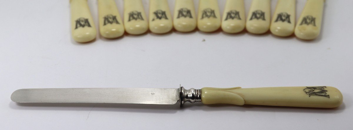 Set Of 11 Silver And Ivory Knives, Early 20th Century-photo-4