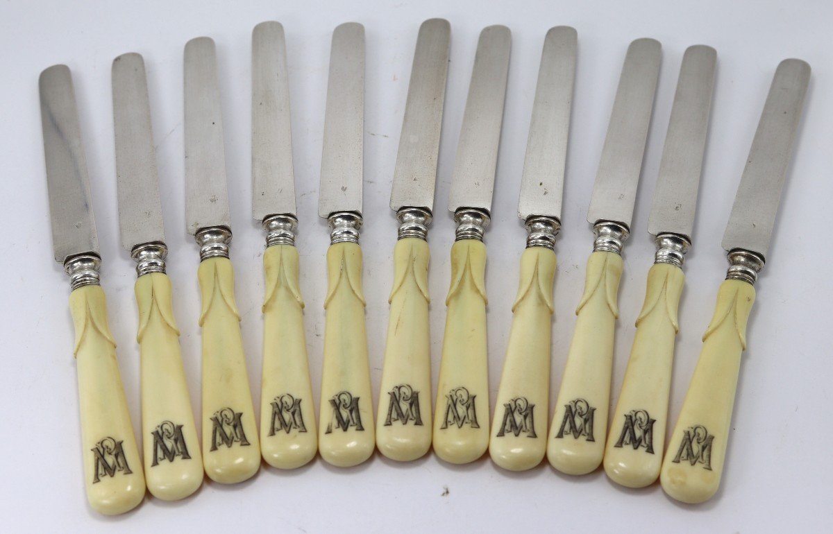 Set Of 11 Silver And Ivory Knives, Early 20th Century