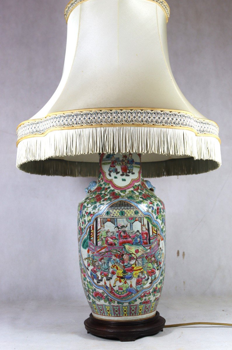 Large Vase Mounted As A Lamp, China Famille Rose, 19th Century-photo-2