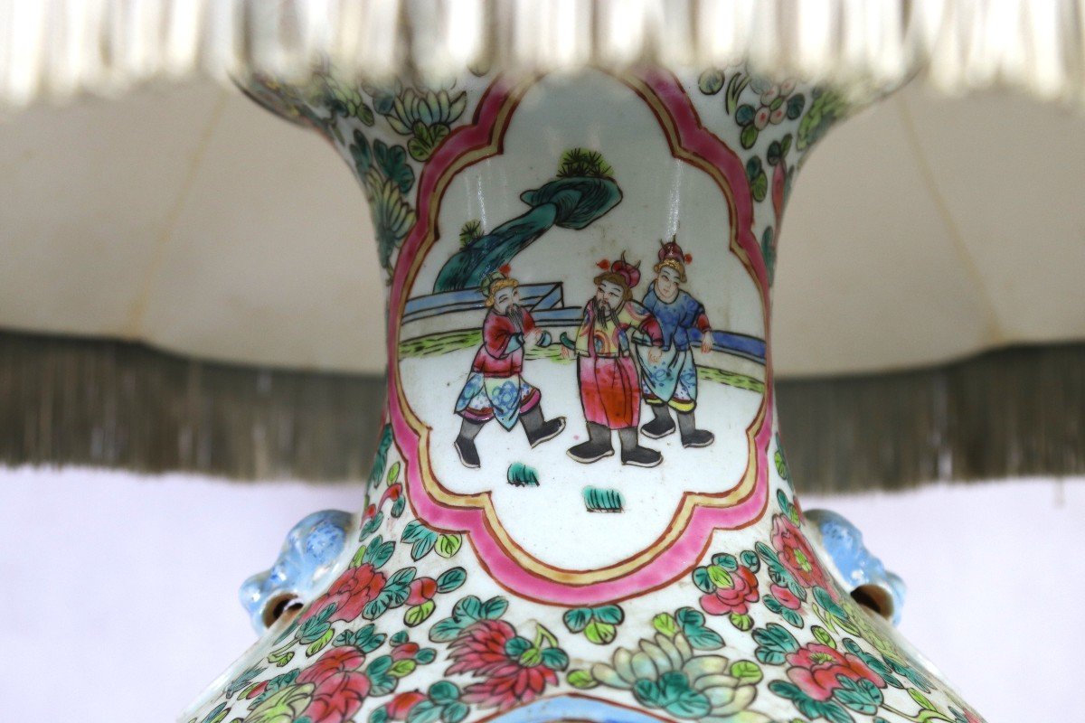 Large Vase Mounted As A Lamp, China Famille Rose, 19th Century-photo-1