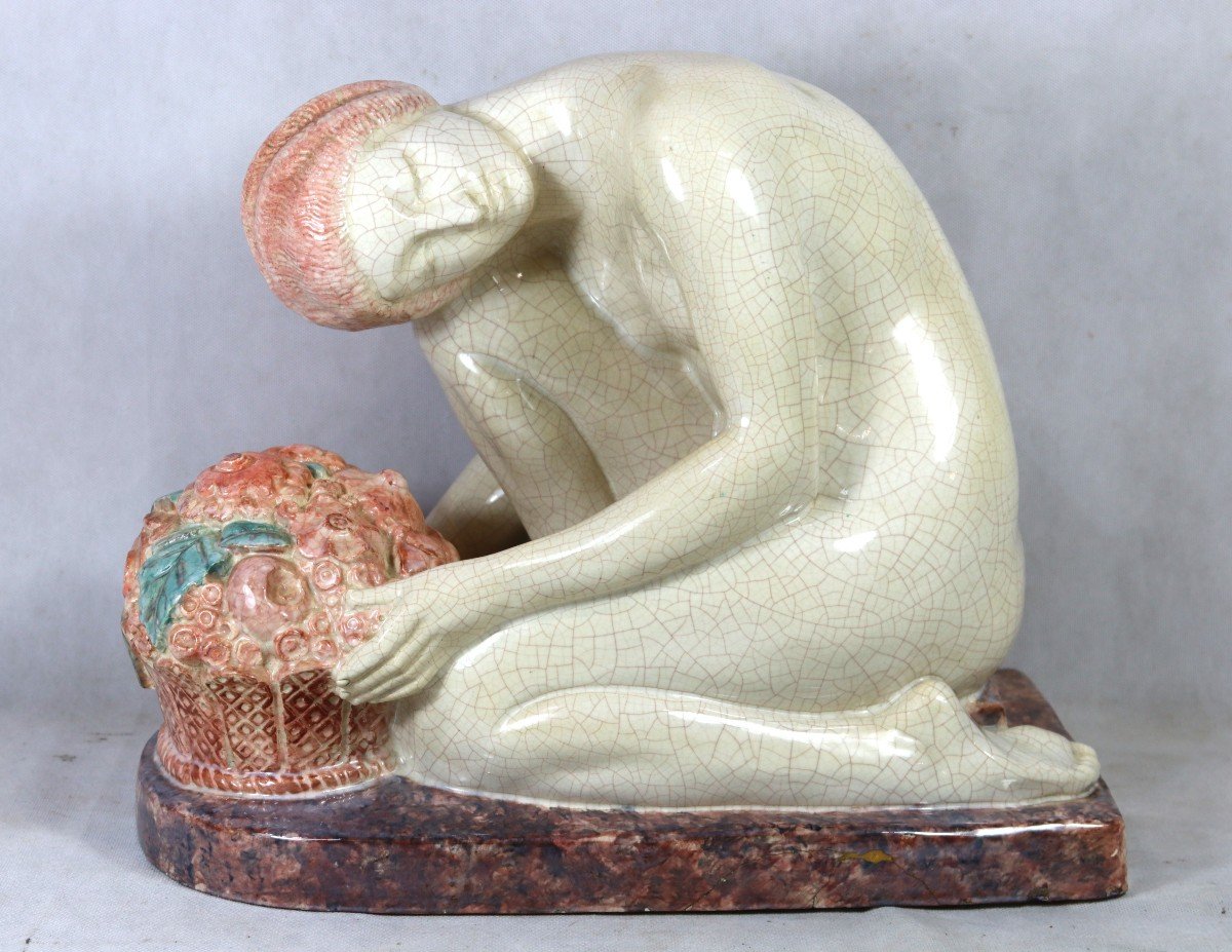 Marcel André Bouraine (1886-1948) , Sculpture  En Faïence Art Déco, Vers 1920