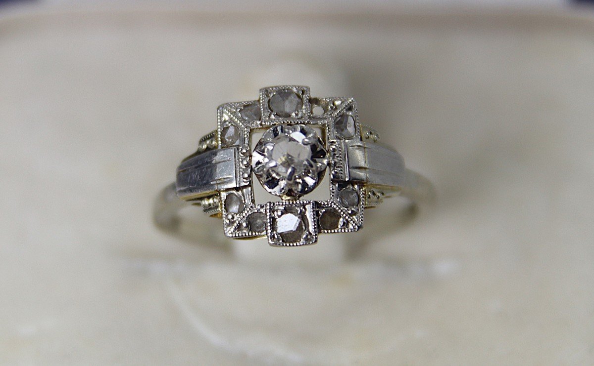 Bague En Or Blanc 18 Carat Et Diamants, époque Art Déco-photo-2