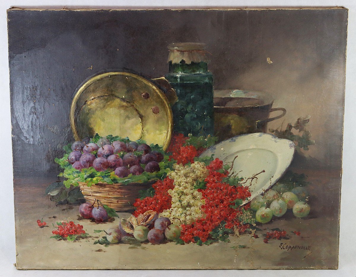 Edmond Van Coppenolle (1846-1914), Large Hst "still Life With Fruits" 19th Century