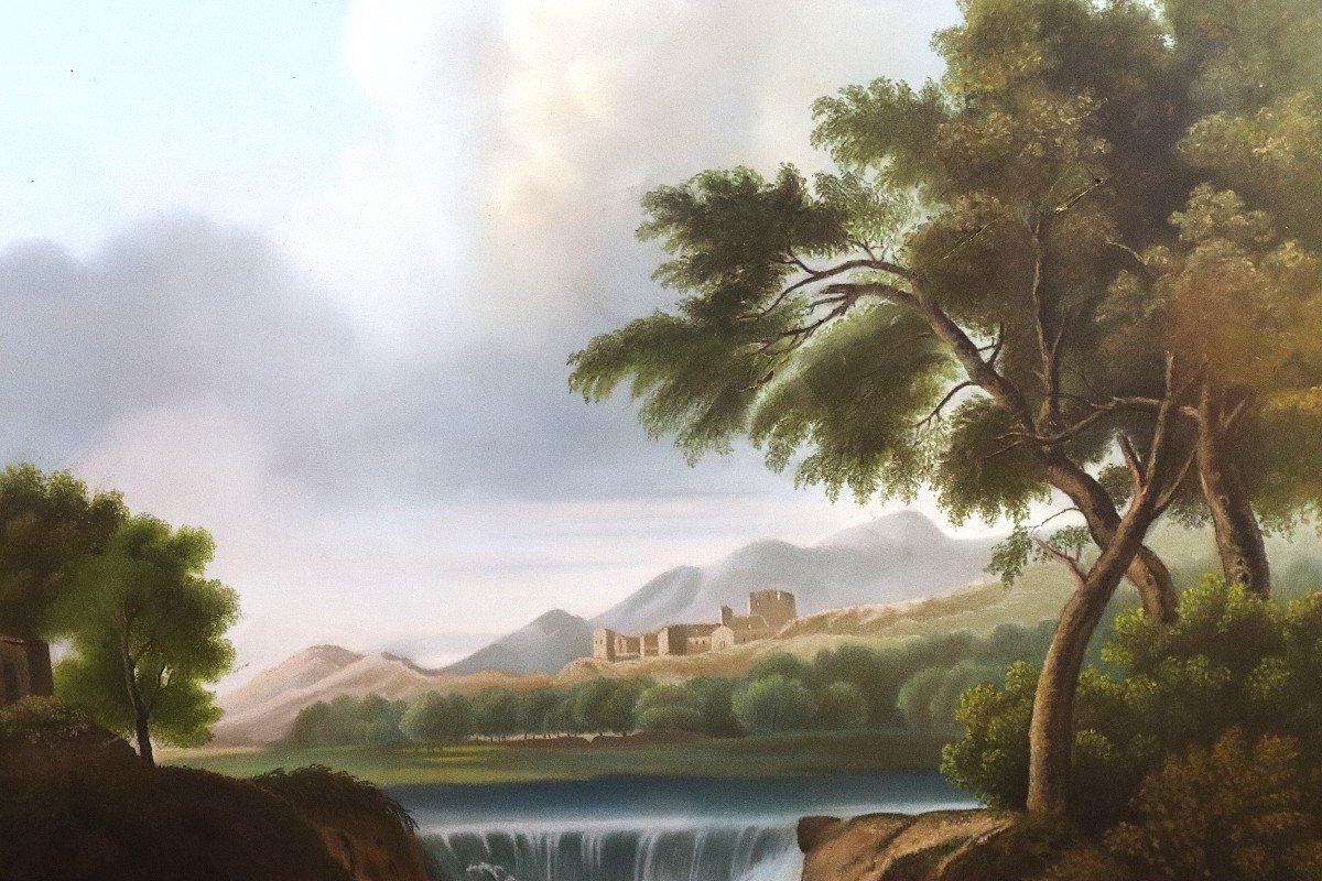 Tableau Important Pastel Paysage Chute d'Eau, Italie XIXe-photo-1
