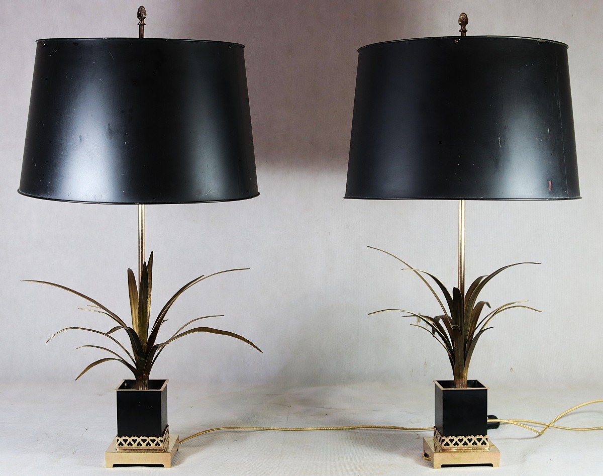 Maison Charles, Paire De Lampes En Bronze " Roseaux ", Signé, Année 60/70-photo-2