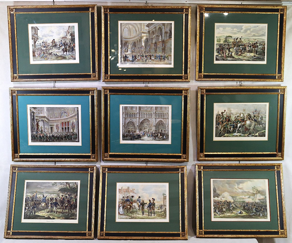 Motte Charles (1785 - 1836), Set Of 9 Enhanced Lithographs "napoleon", 19th Century 