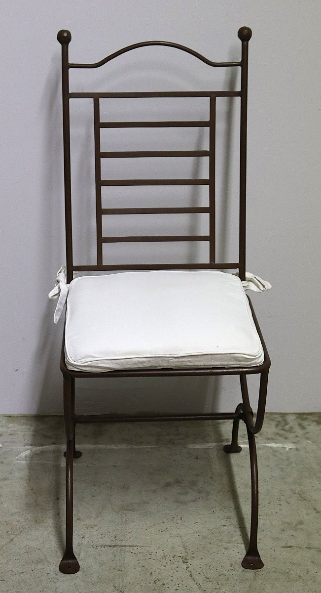 Suite De 6 Chaises De Jardin De Qualité En Fer Forgé Laqué Marron, XXe-photo-5