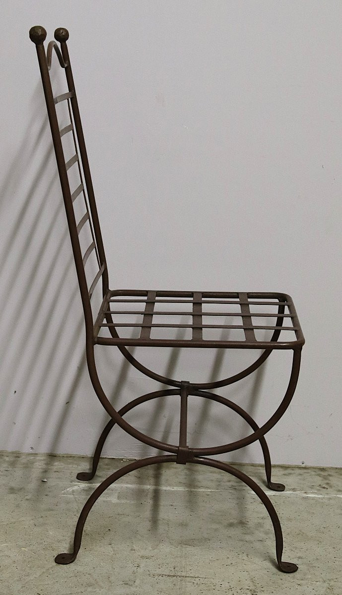 Suite De 6 Chaises De Jardin De Qualité En Fer Forgé Laqué Marron, XXe-photo-7