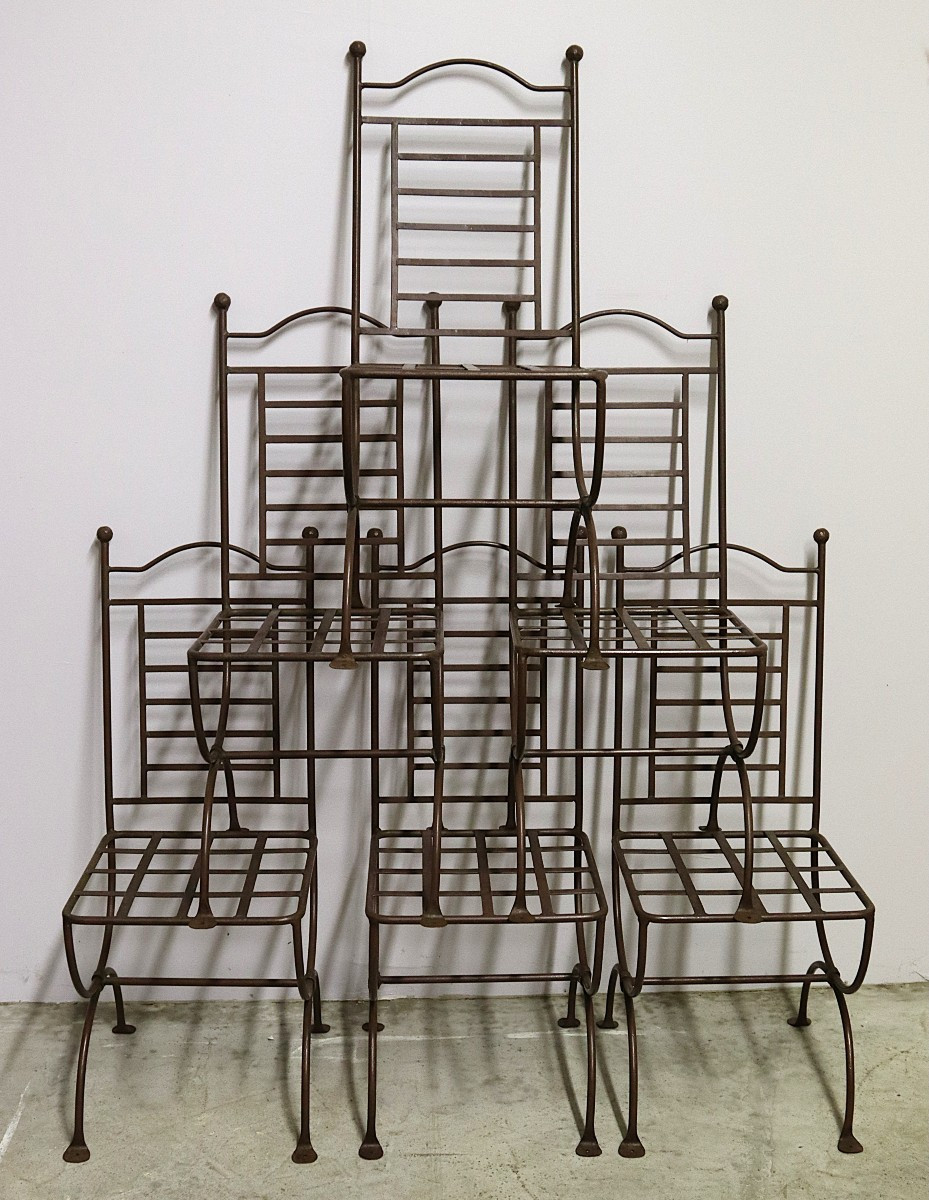 Suite De 6 Chaises De Jardin De Qualité En Fer Forgé Laqué Marron, XXe
