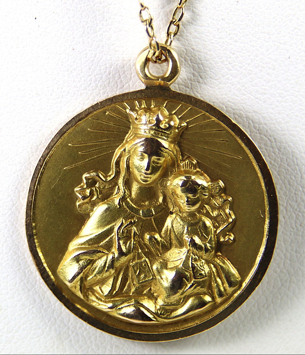 18k Gold Chain And 18k Gold Baptism Medal, Weight 10g. 20th Century-photo-4