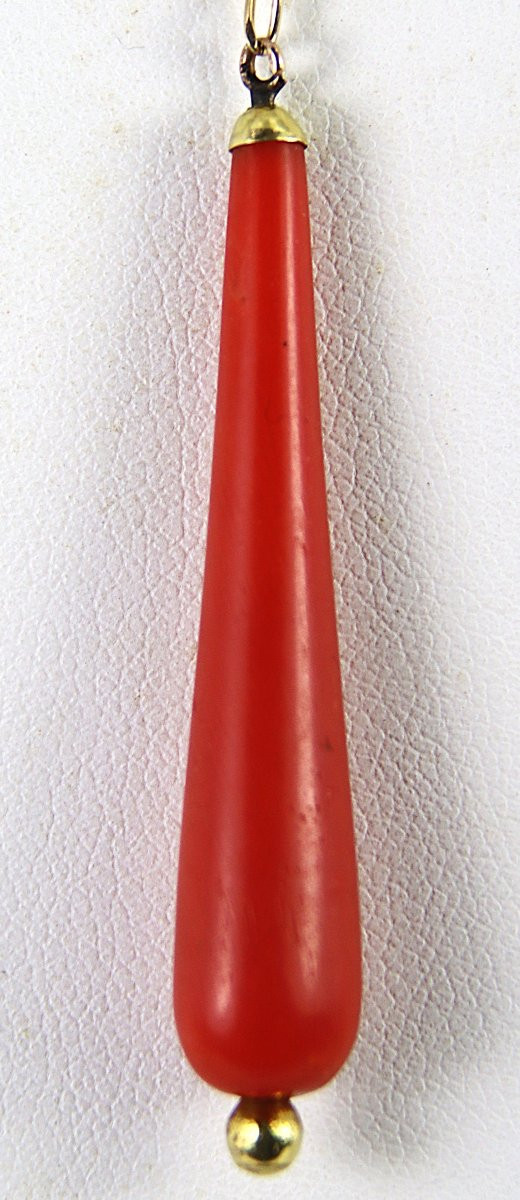 18k Gold Chain (weight 2.73 G) And Pendant Decorated With A Drop-shaped Coral, 20th Century-photo-4