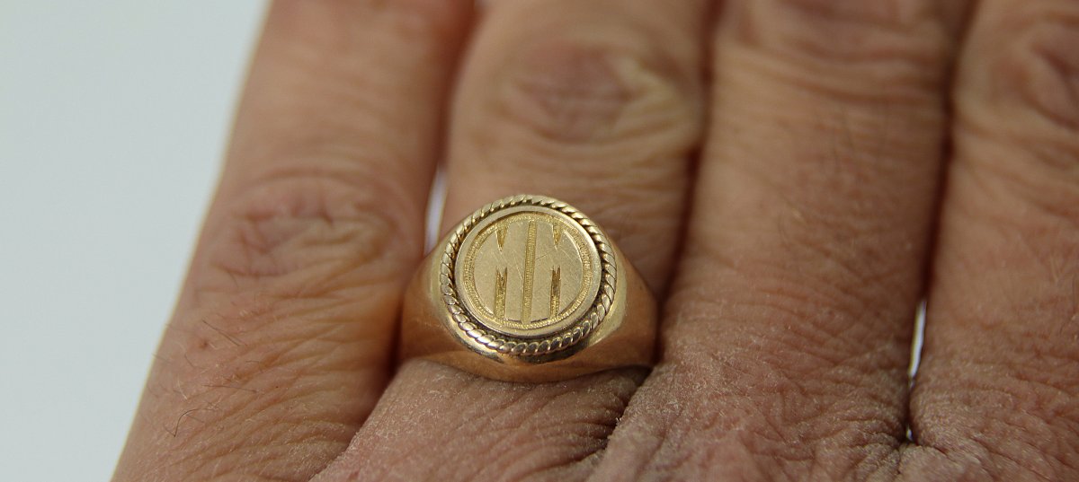 Chevalière En Or Jaune 18k, Monogrammé Mm, 3, 73 Gr, XXe-photo-3