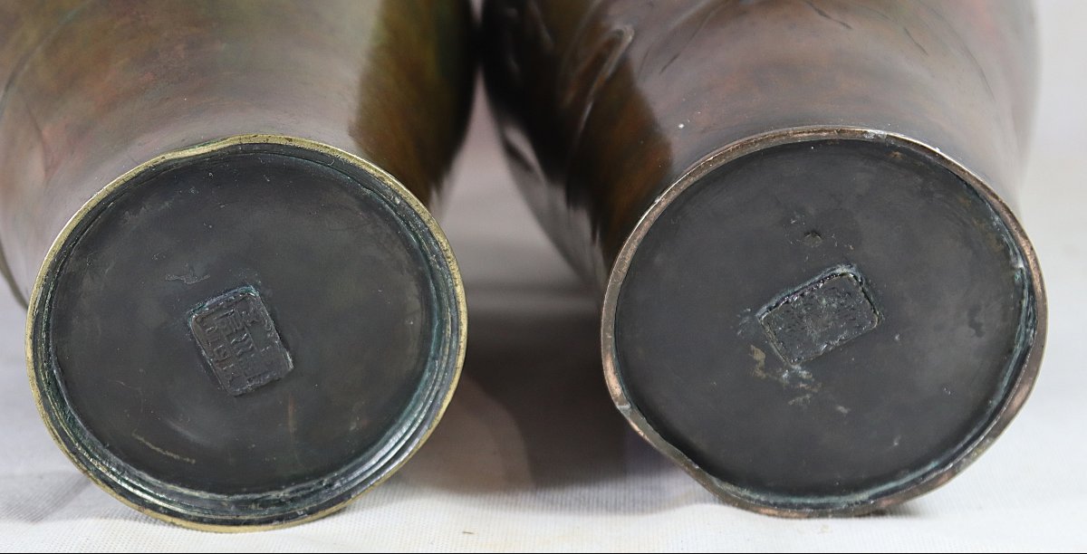 Japon Meiji, Paire De Vases En Bronze, XIXe-photo-6