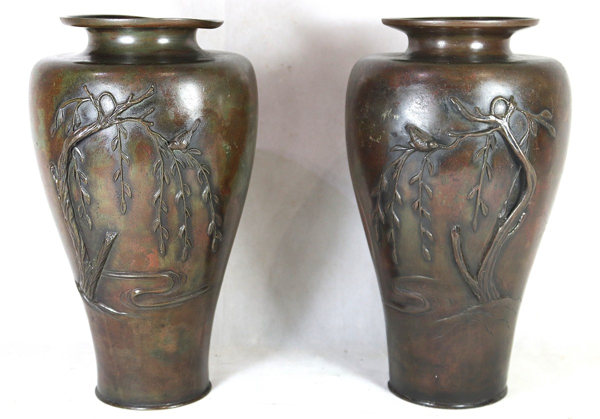 Japon Meiji, Paire De Vases En Bronze, XIXe