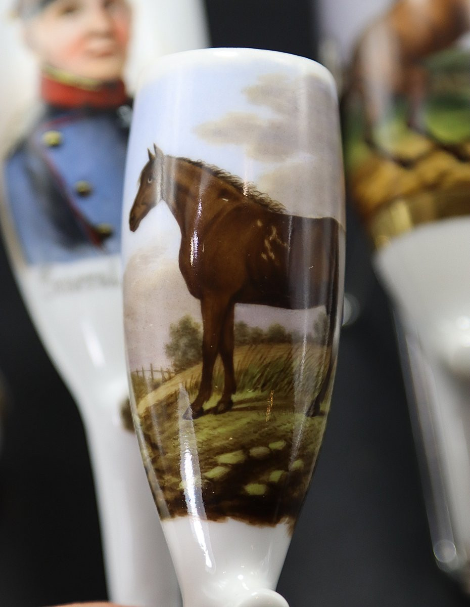 Set Of 4 Porcelain Pipe Bowls "general Von Moltke", "horses", 20th Century-photo-4