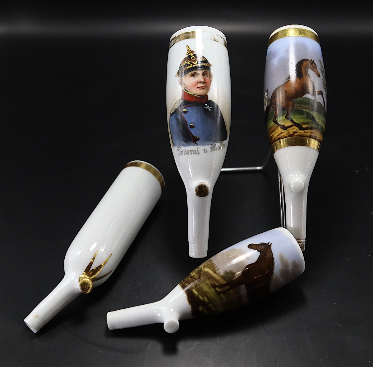 Set Of 4 Porcelain Pipe Bowls "general Von Moltke", "horses", 20th Century