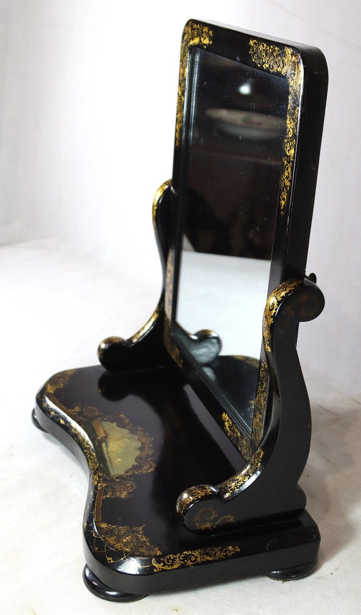 Cope & Austin Patent XIXe, Psyché laque et scène peinte " marine ".-photo-1