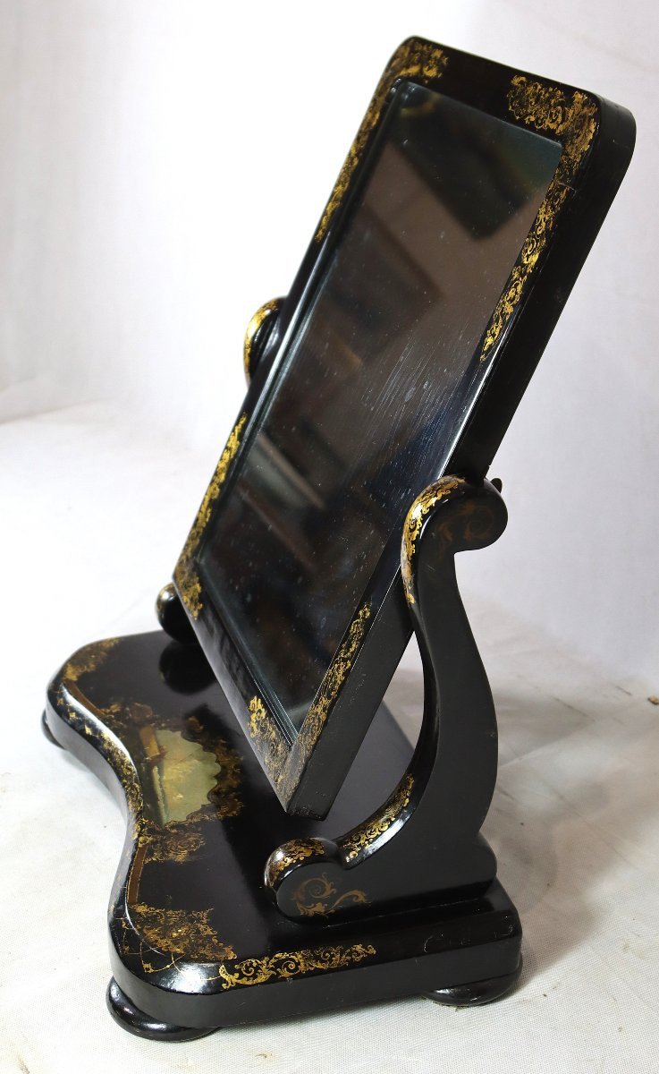 Cope & Austin Patent XIXe, Psyché laque et scène peinte " marine ".-photo-2