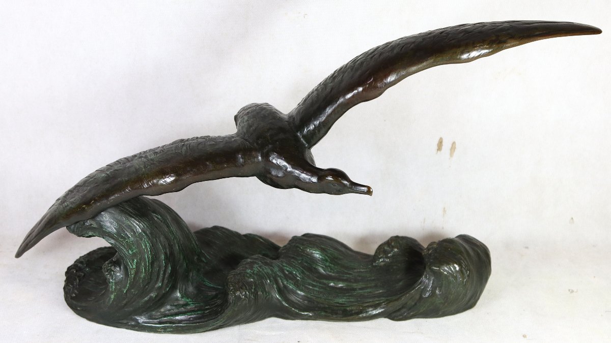 Alexandre OULINE (act.1918-1940), Grande Sculpture en bronze " Le goëland ", signé, XXe-photo-3