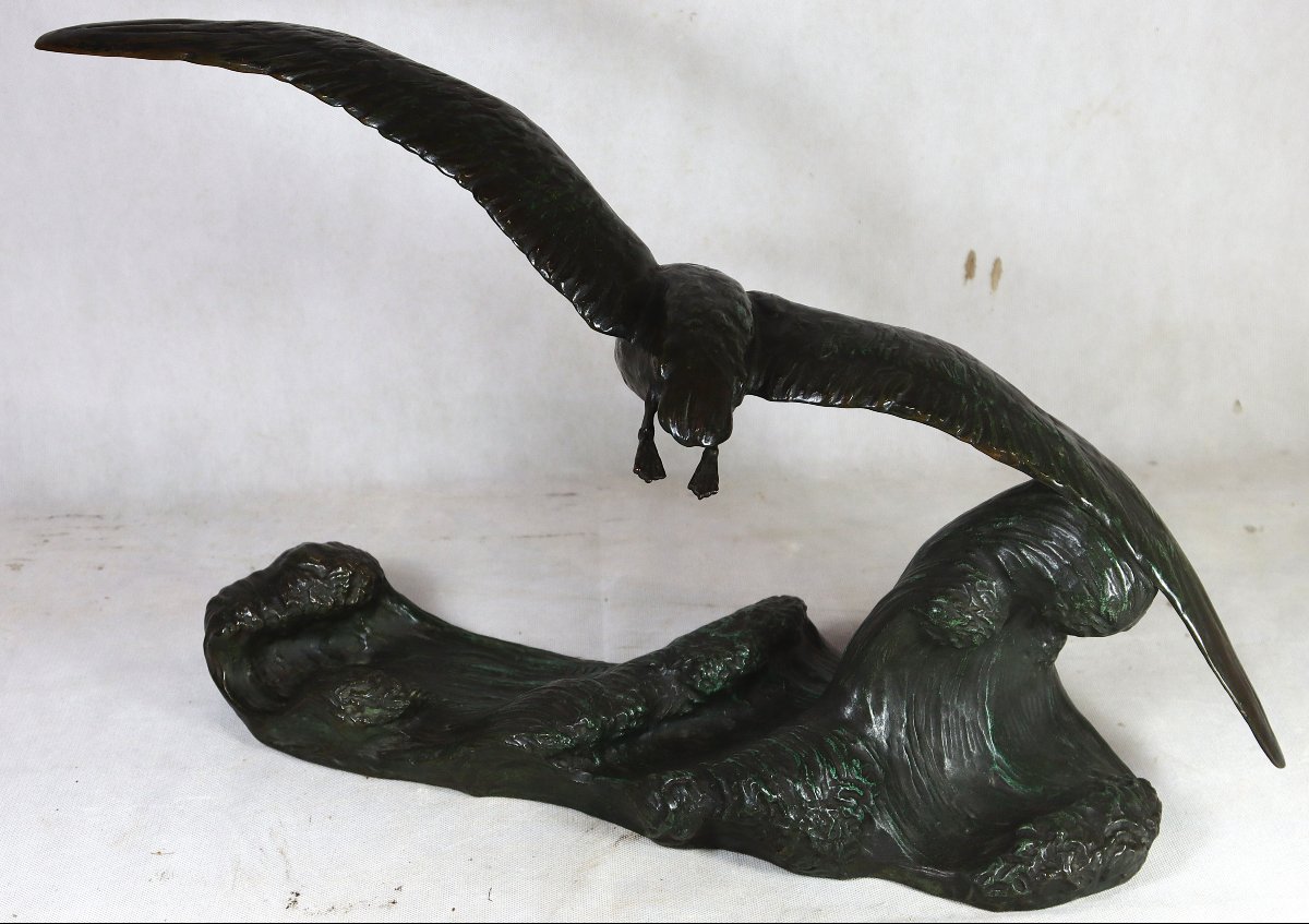 Alexandre OULINE (act.1918-1940), Grande Sculpture en bronze " Le goëland ", signé, XXe-photo-8