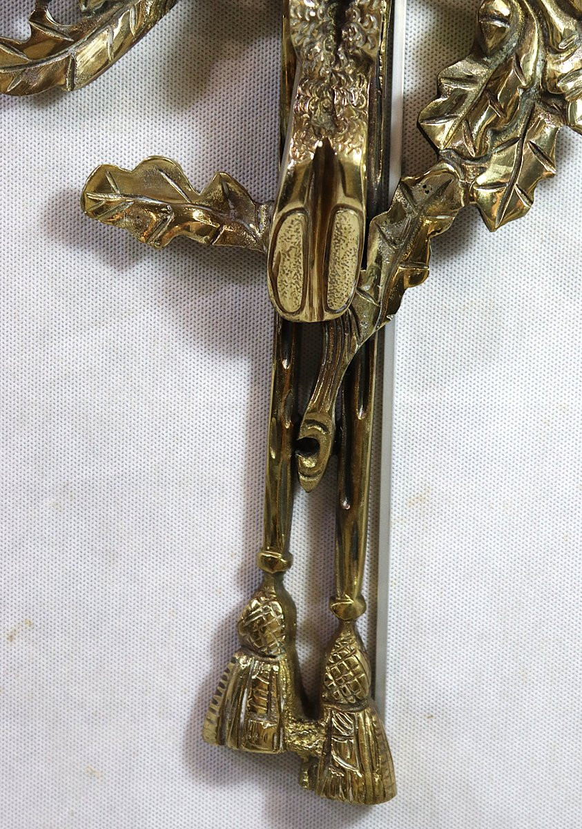 Large Pair Of Gilt Bronze Sconces With Hunting Horns After Gallien And Bureaux. 20th Century-photo-4