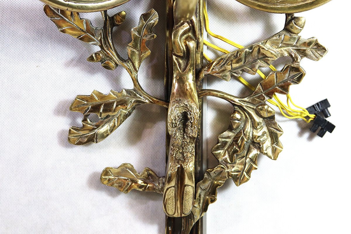Large Pair Of Gilt Bronze Sconces With Hunting Horns After Gallien And Bureaux. 20th Century-photo-1