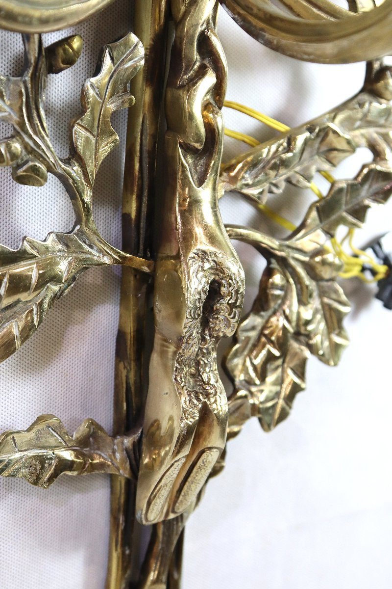Large Pair Of Gilt Bronze Sconces With Hunting Horns After Gallien And Bureaux. 20th Century-photo-4