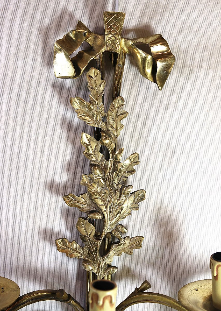 Large Pair Of Gilt Bronze Sconces With Hunting Horns After Gallien And Bureaux. 20th Century-photo-7