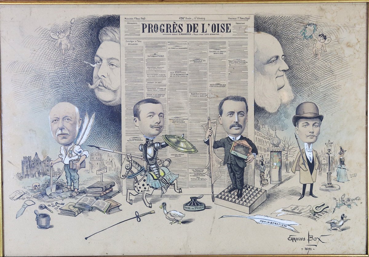 Carolus Box (xix), Caricature Drawing "progress Of The Oise", Signed And Dated 1891-photo-3