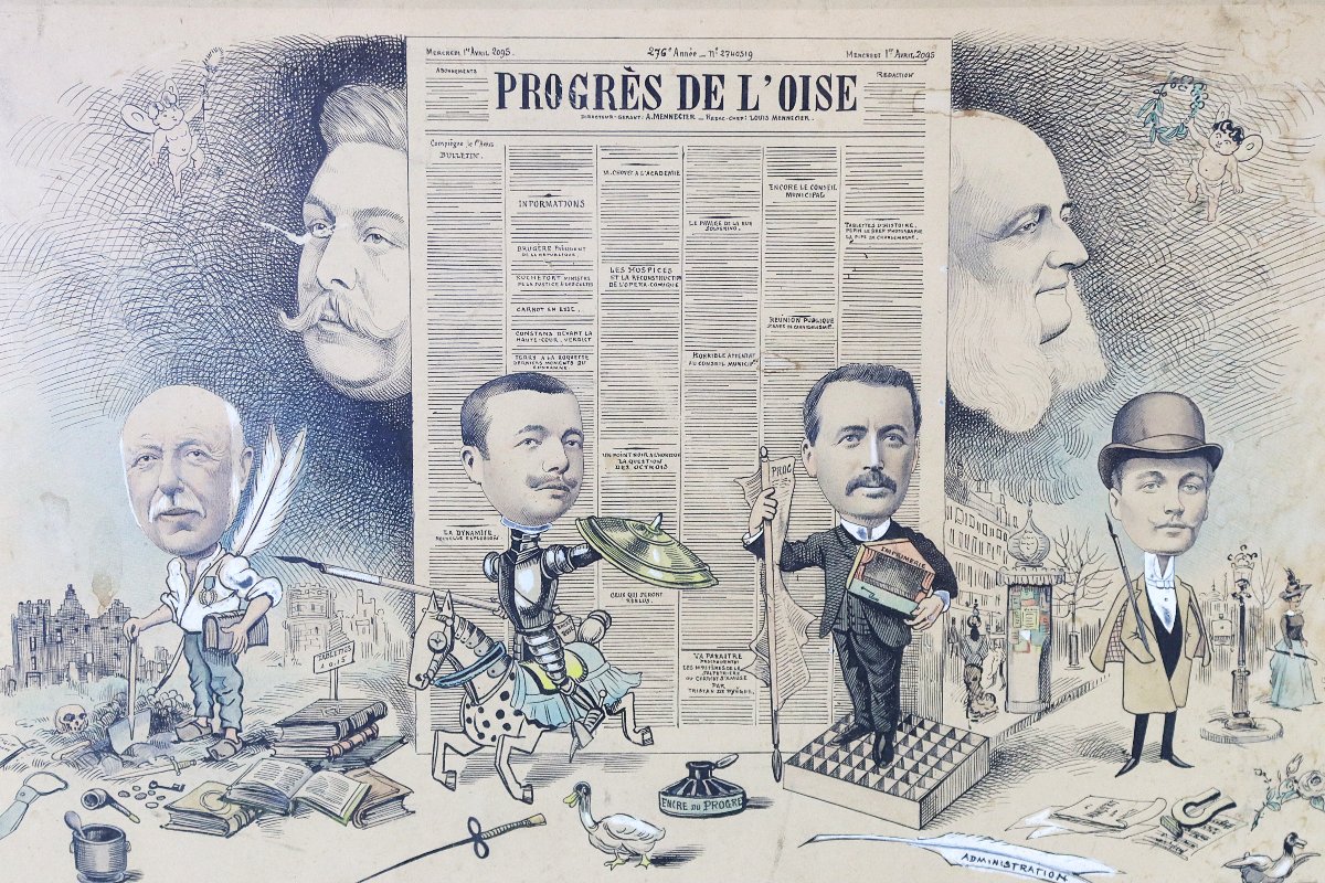 Carolus Box (xix), Caricature Drawing "progress Of The Oise", Signed And Dated 1891-photo-2