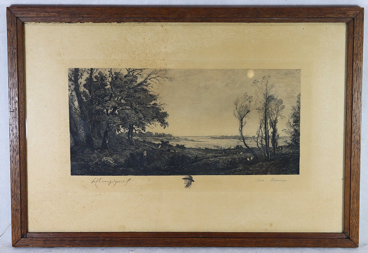 Maireau Rose et Harpignies Henri Joseph, Eau forte " Bords de Loire ", signés et daté 1902-photo-2