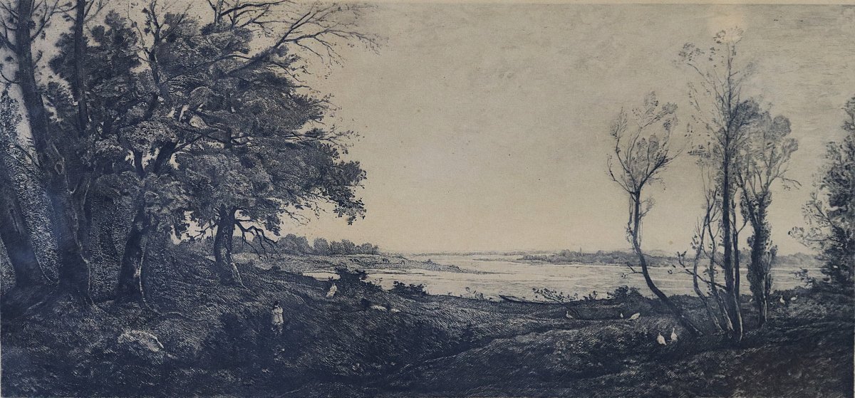 Maireau Rose et Harpignies Henri Joseph, Eau forte " Bords de Loire ", signés et daté 1902-photo-3