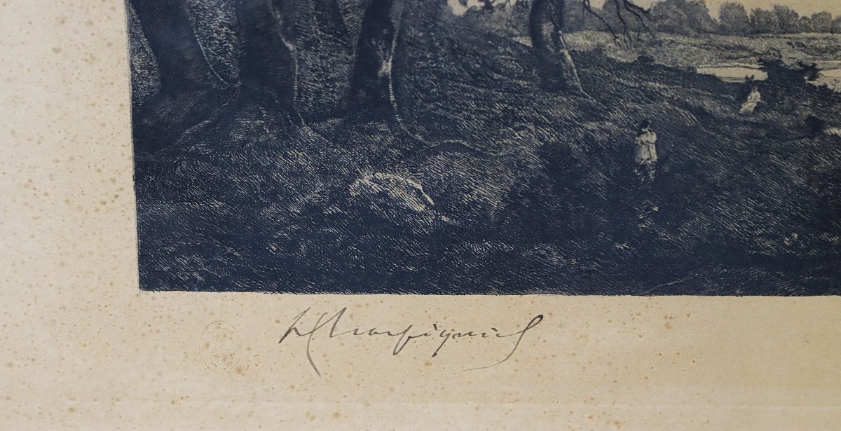 Maireau Rose et Harpignies Henri Joseph, Eau forte " Bords de Loire ", signés et daté 1902-photo-4