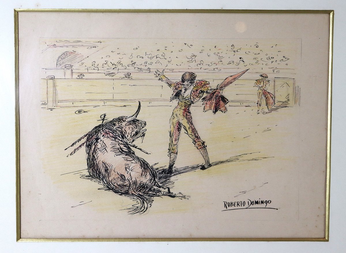 Roberto Domingo y Fallola (1883-1956), Paire de dessin encre " Scène de tauromachie ", XXe-photo-4