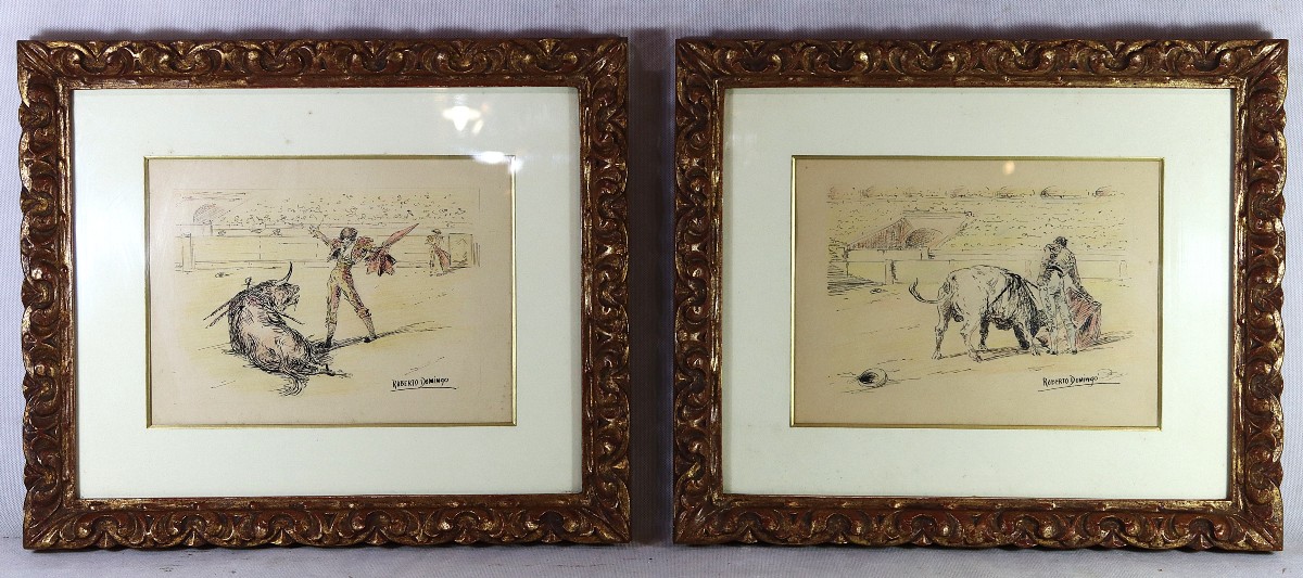Roberto Domingo y Fallola (1883-1956), Paire de dessin encre " Scène de tauromachie ", XXe