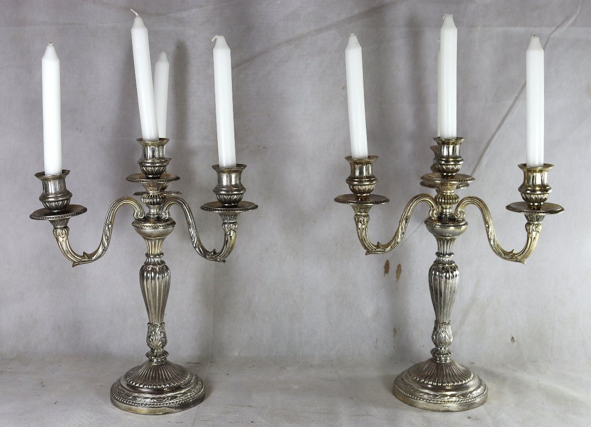 Pair Of Silver-plated Bronze Candelabras In The L XVI, 20th Century Style-photo-2