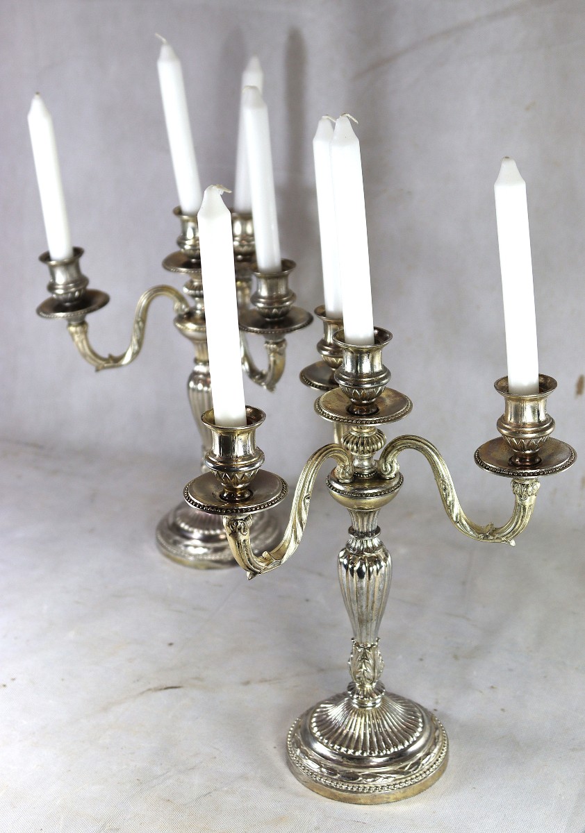 Pair Of Silver-plated Bronze Candelabras In The L XVI, 20th Century Style