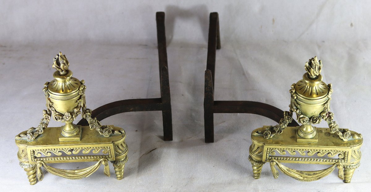 Bouhon Et Cie, Pair Of Gilt Bronze Andirons, Signed, 19th Century-photo-2
