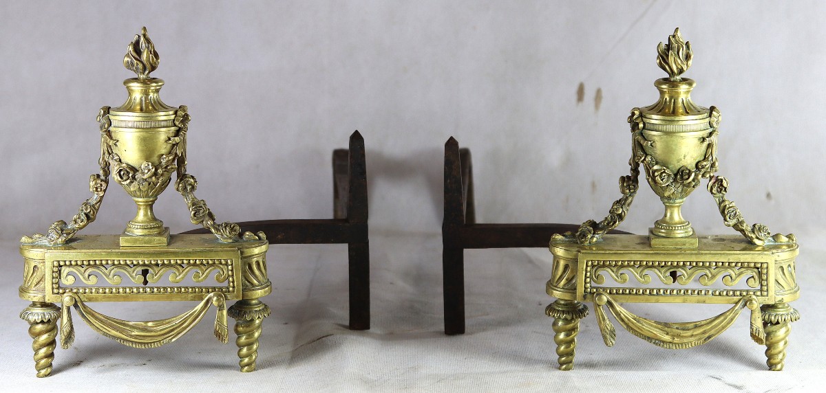 Bouhon Et Cie, Pair Of Gilt Bronze Andirons, Signed, 19th Century
